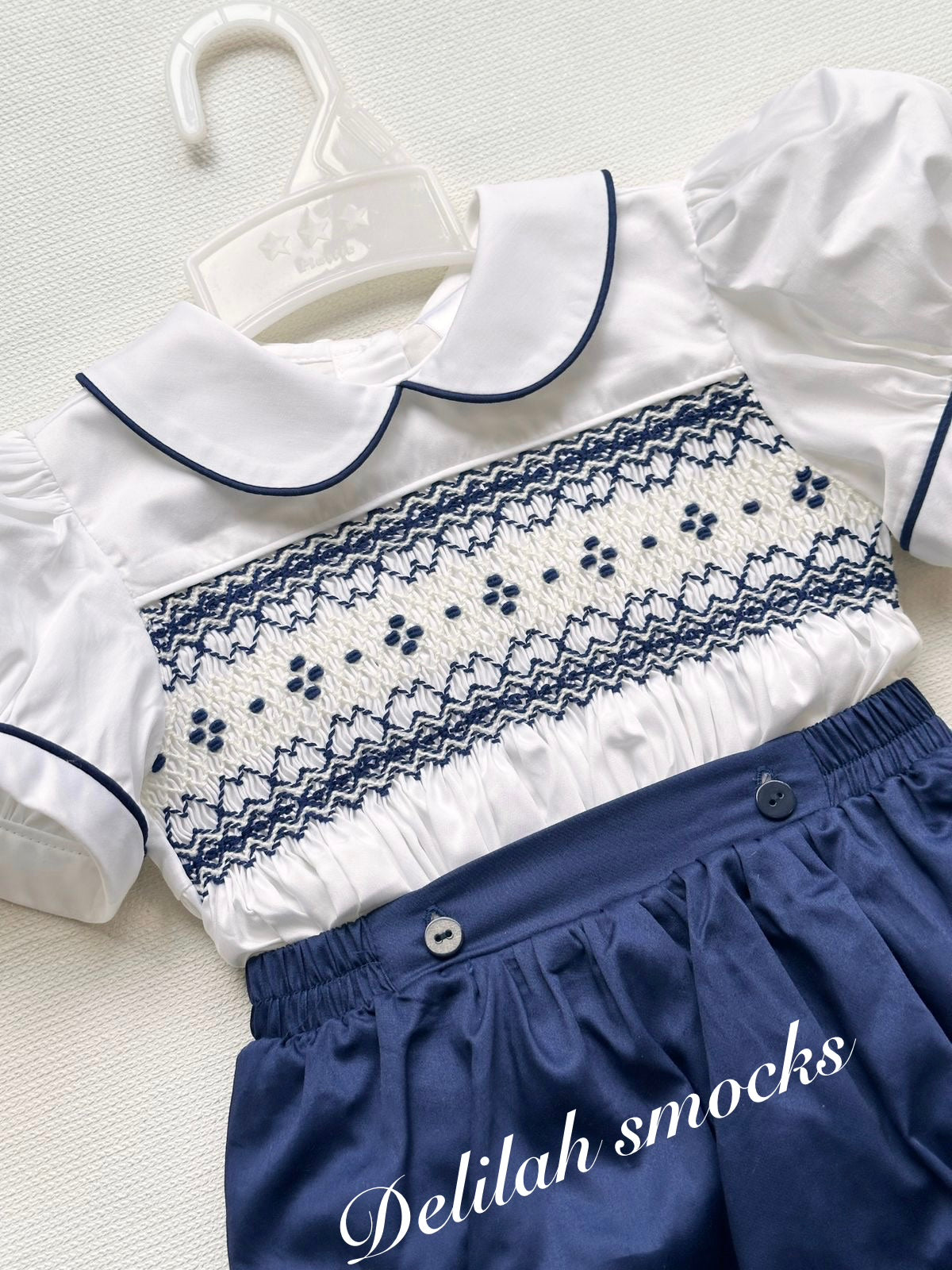 Navy  Smocked Outfit and Bib