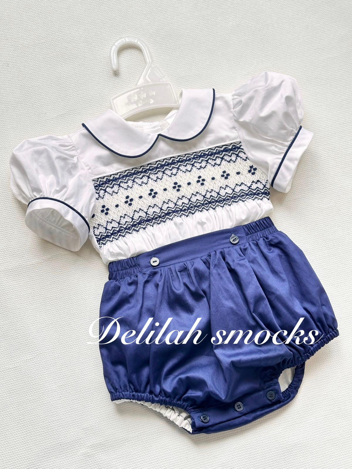 Navy  Smocked Outfit and Bib
